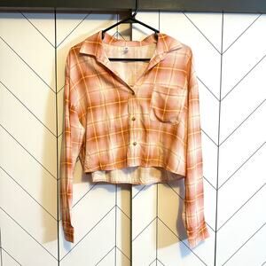 BP Women’s XS Pink Copper Pong Sleeve Button Down Crop Flannel Shirt Button New